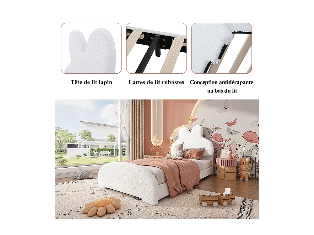 Lit simple 90x200 rembourré tête lapin cartoon polaire blanc