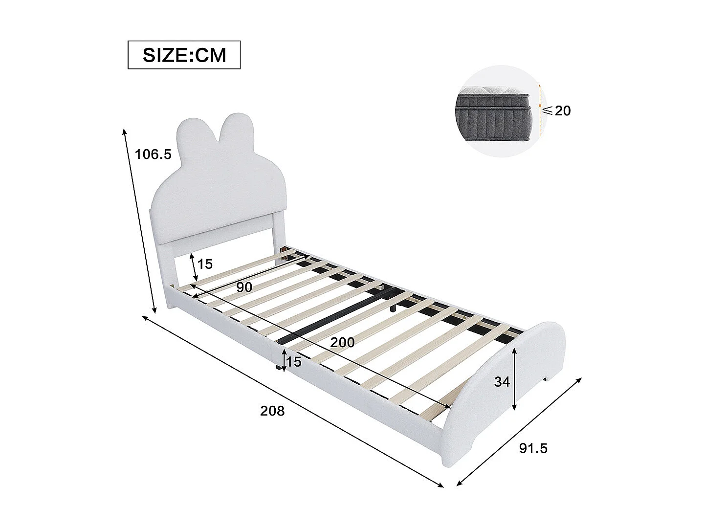 Lit simple 90x200 rembourré tête lapin cartoon polaire blanc