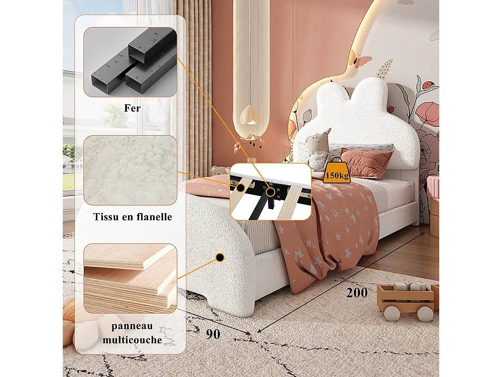 Lit simple 90x200 rembourré tête lapin cartoon polaire blanc