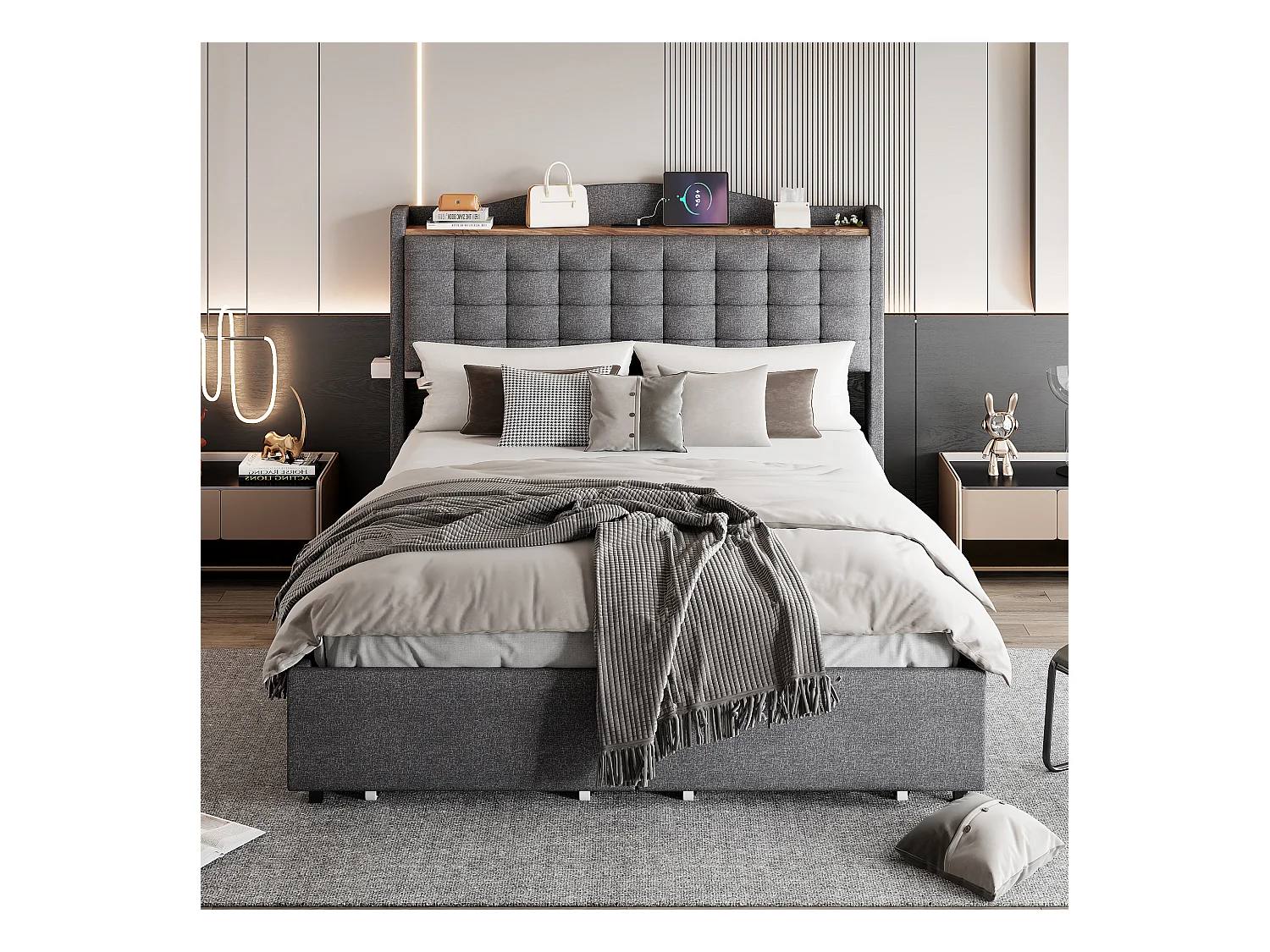 Cama 140 x 200 cm com armazenamento e USB, estrutura de cama com 4 gavetas e base de ripas, cinza escuro