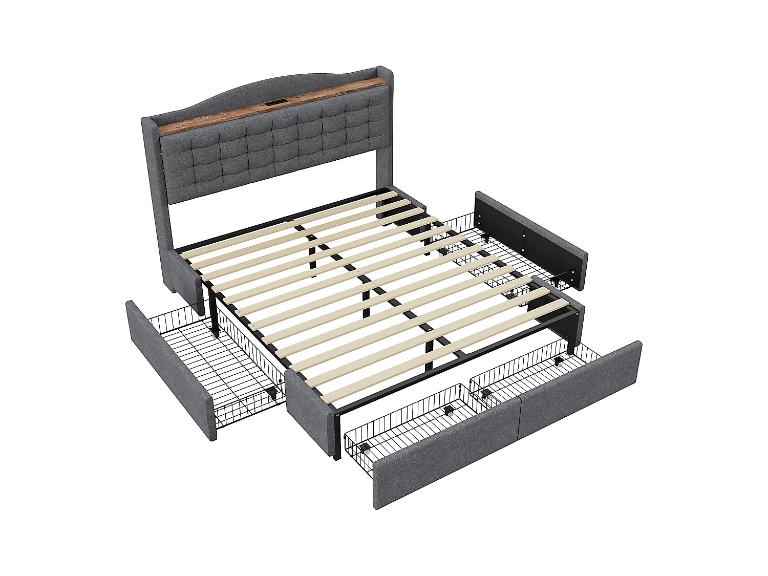 Cama 140 x 200 cm com armazenamento e USB, estrutura de cama com 4 gavetas e base de ripas, cinza escuro