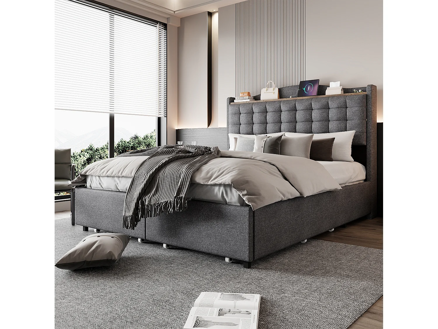 Cama de 140 x 200 cm con almacenaje y USB, estructura de cama con 4 cajones y somier de láminas, gris oscuro