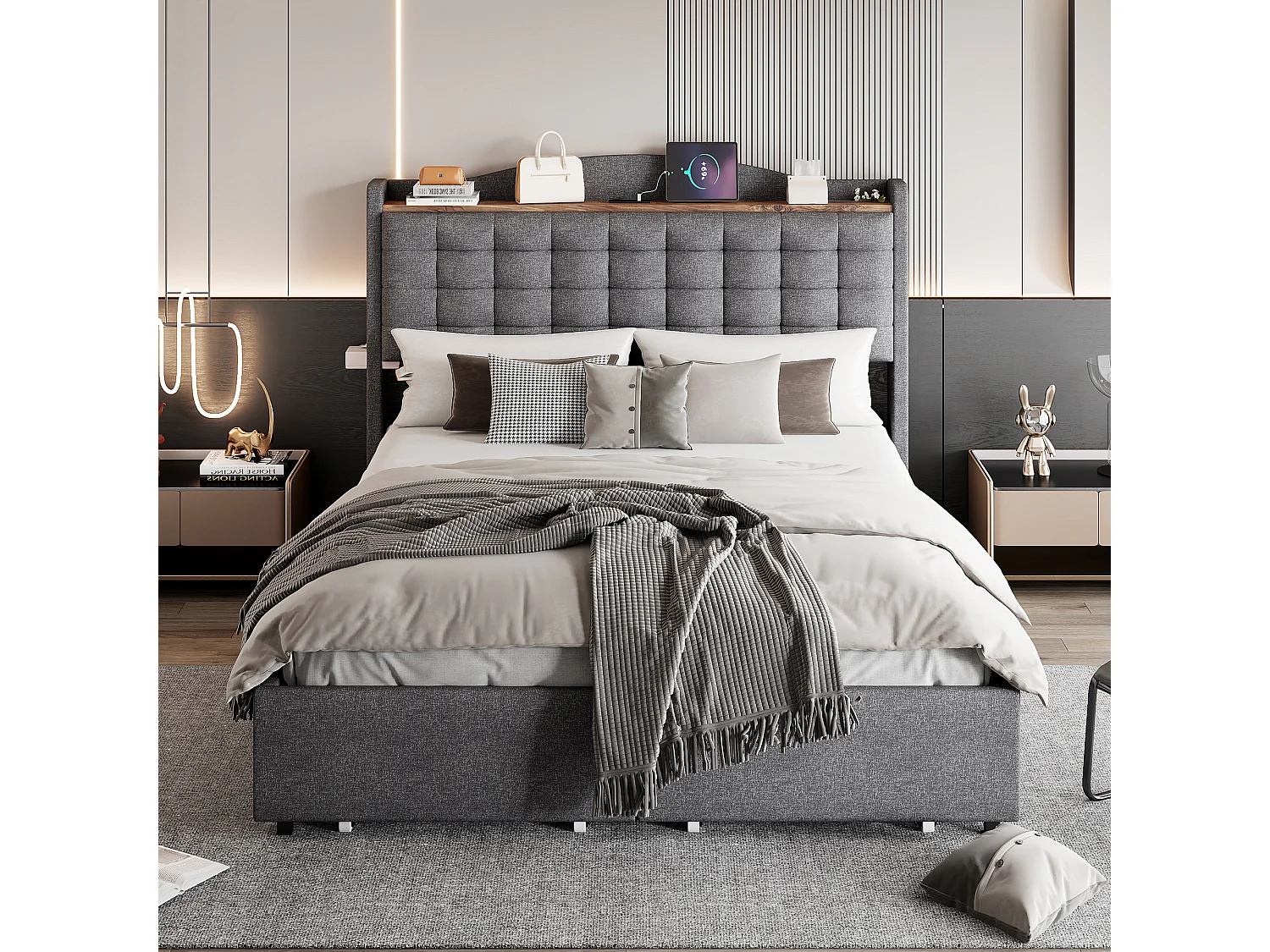 Cama de 140 x 200 cm con almacenaje y USB, estructura de cama con 4 cajones y somier de láminas, gris oscuro