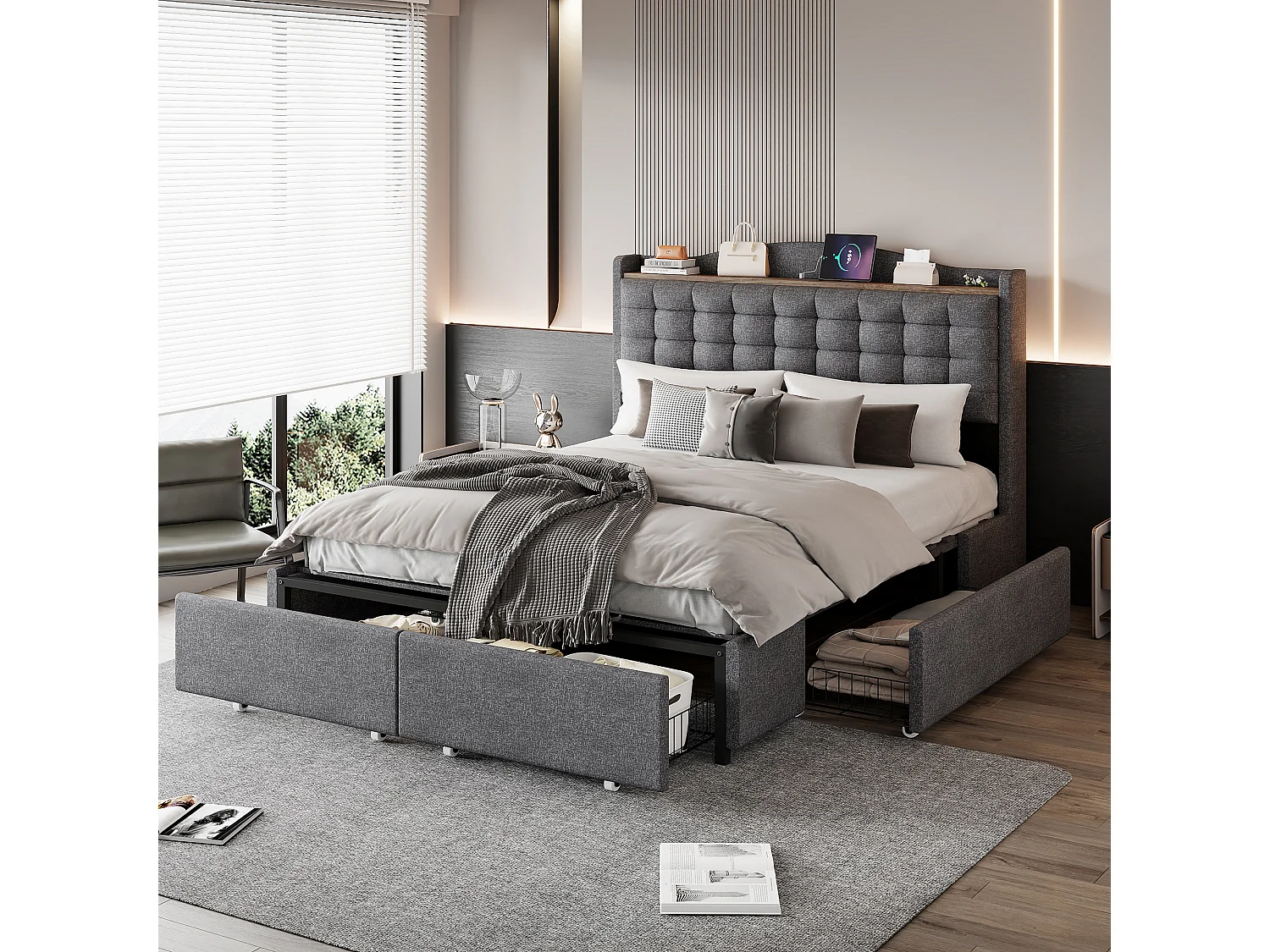 Cama de 140 x 200 cm con almacenaje y USB, estructura de cama con 4 cajones y somier de láminas, gris oscuro
