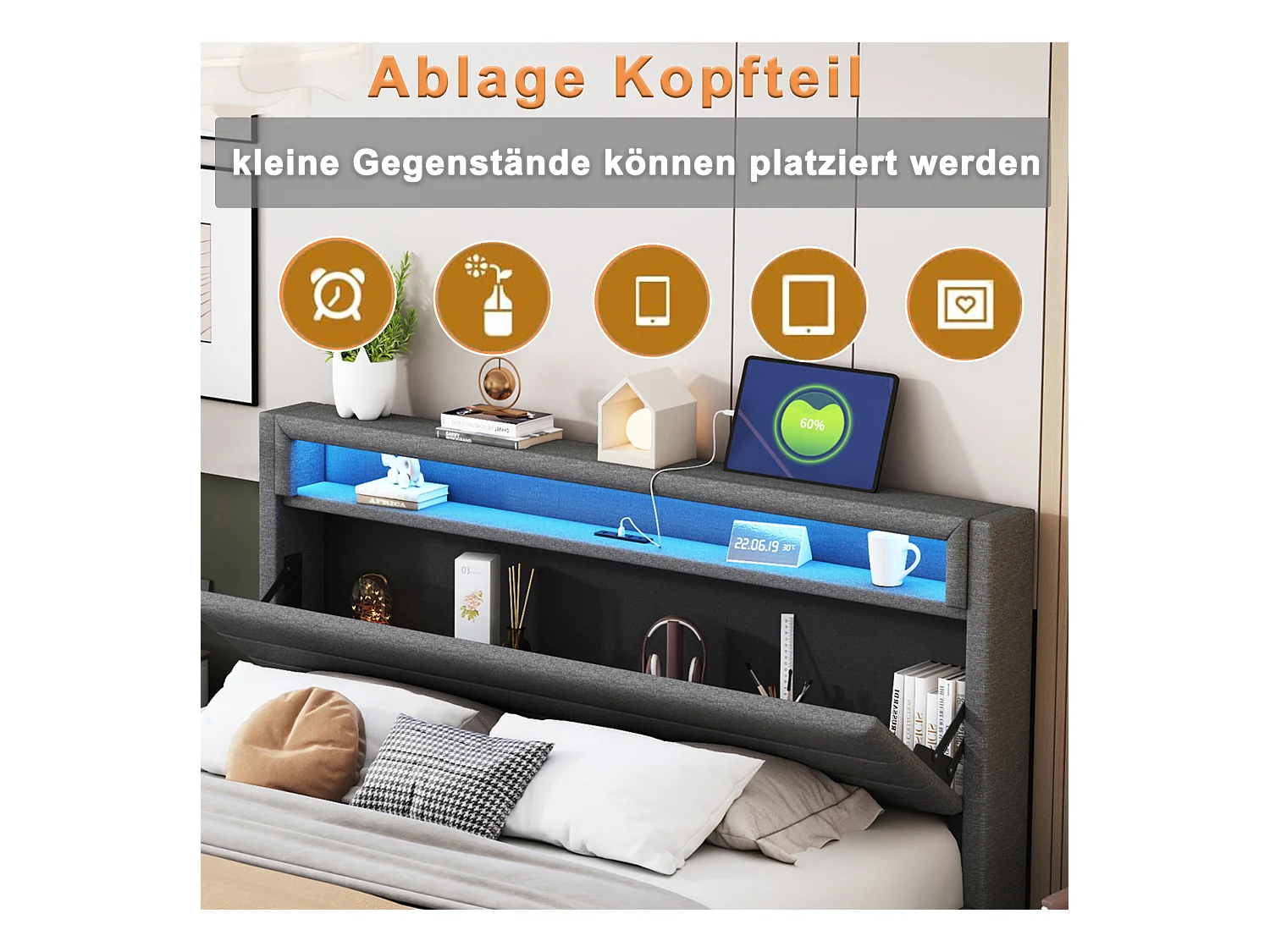 Cama com arrumação 140x200 cm, Cama com iluminação LED e porta USB, com arrumação, Tecido de linho, Cinzento