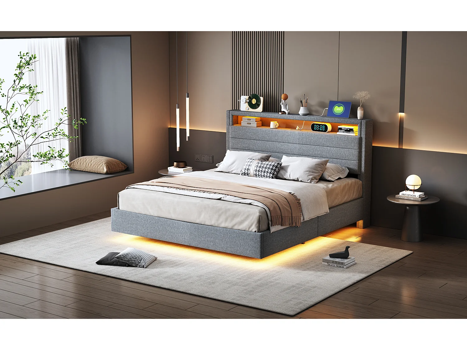 Cama com arrumação 140x200 cm, Cama com iluminação LED e porta USB, com arrumação, Tecido de linho, Cinzento