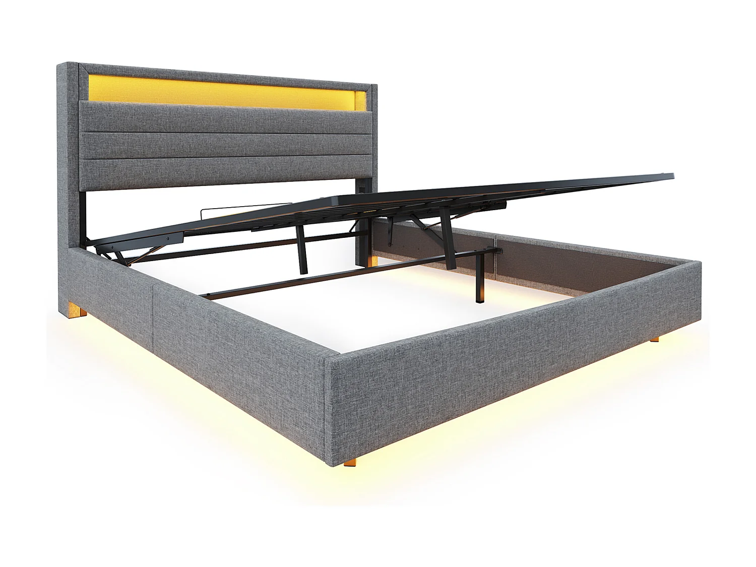 Cama com arrumação 140x200 cm, Cama com iluminação LED e porta USB, com arrumação, Tecido de linho, Cinzento