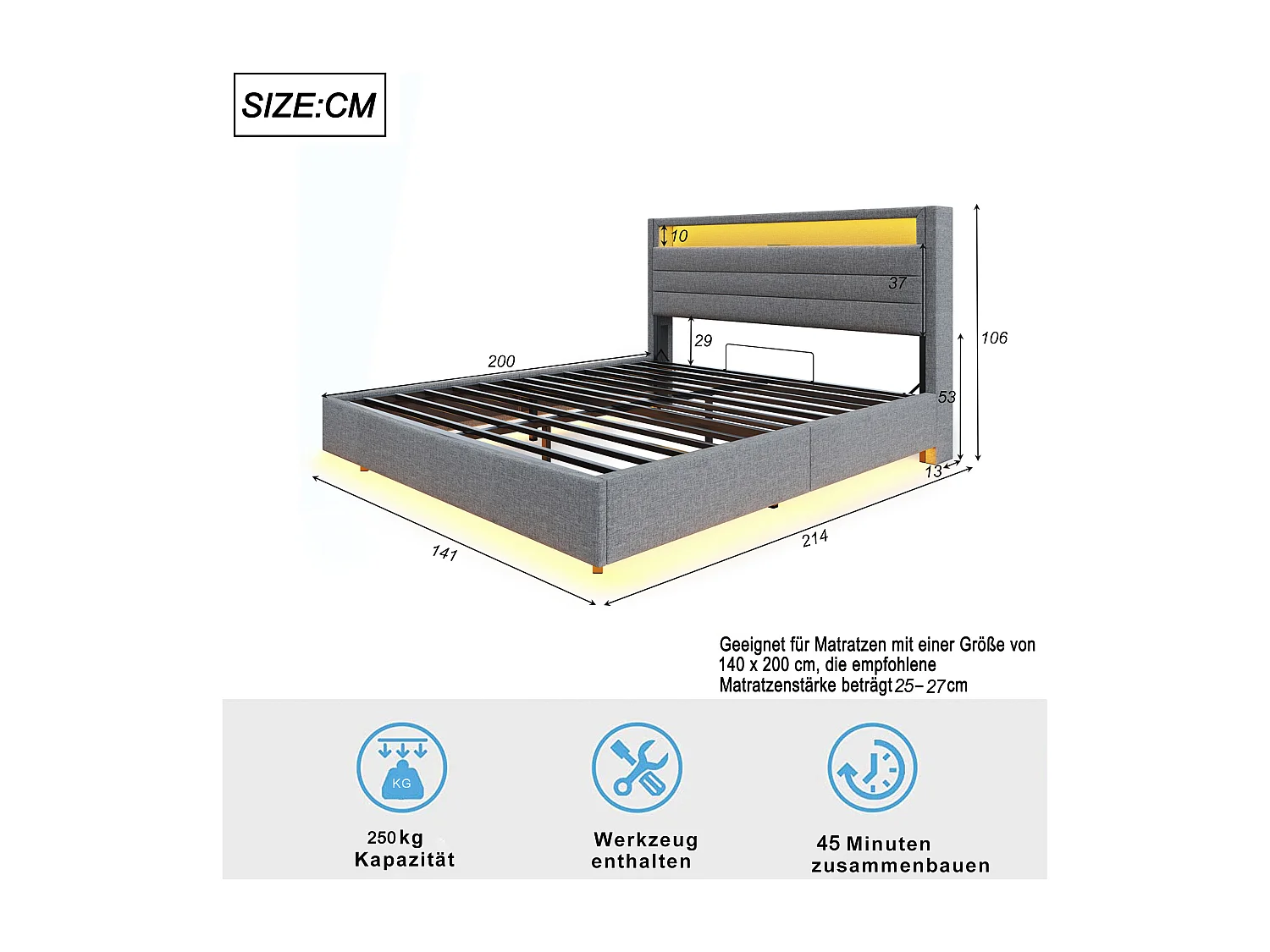 Lit Coffre 140x200 cm, Lit avec éclairage LED et Prise USB, avec Rangement, Tissu en Lin, Gris