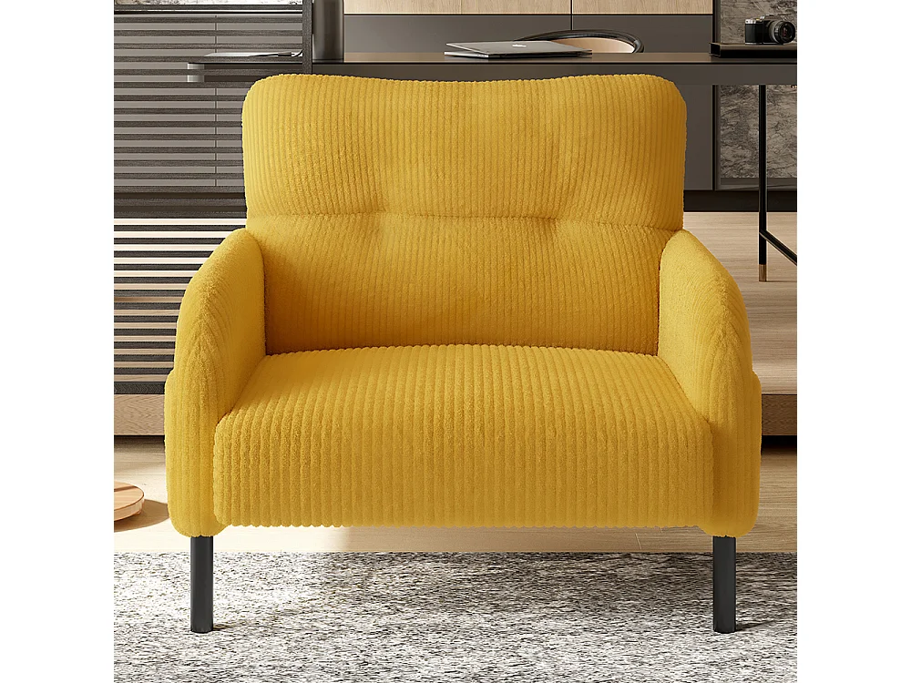 Ensemble 3 pièces velours côtelé fauteuil tabouret canapé deux places poche latérale structure acier dossier moelleux modulaire salon jaune