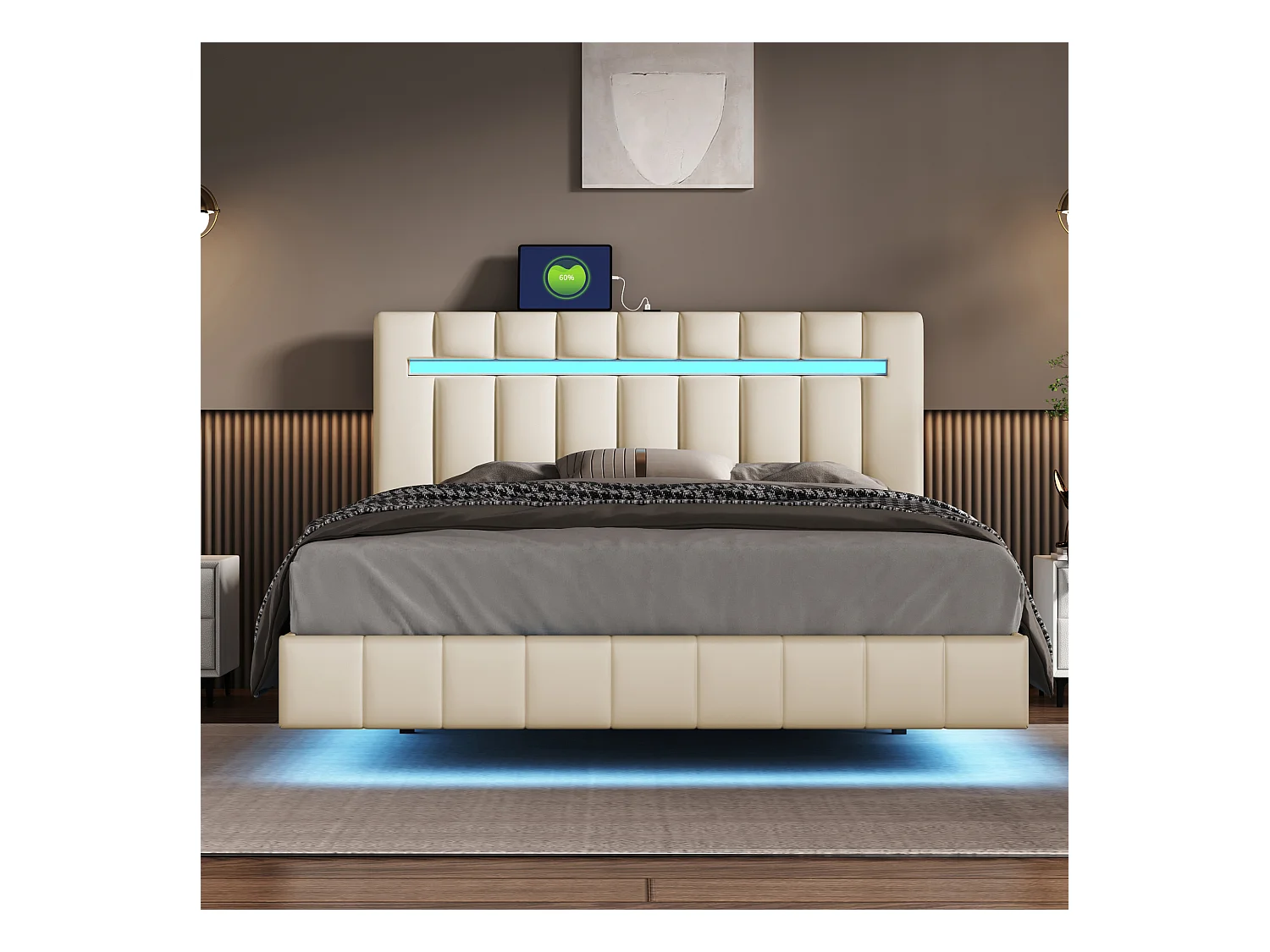 Cama doble tapizada, 140 x 200 cm, con LED y 2 puertos USB, con somier de láminas, lino, beige