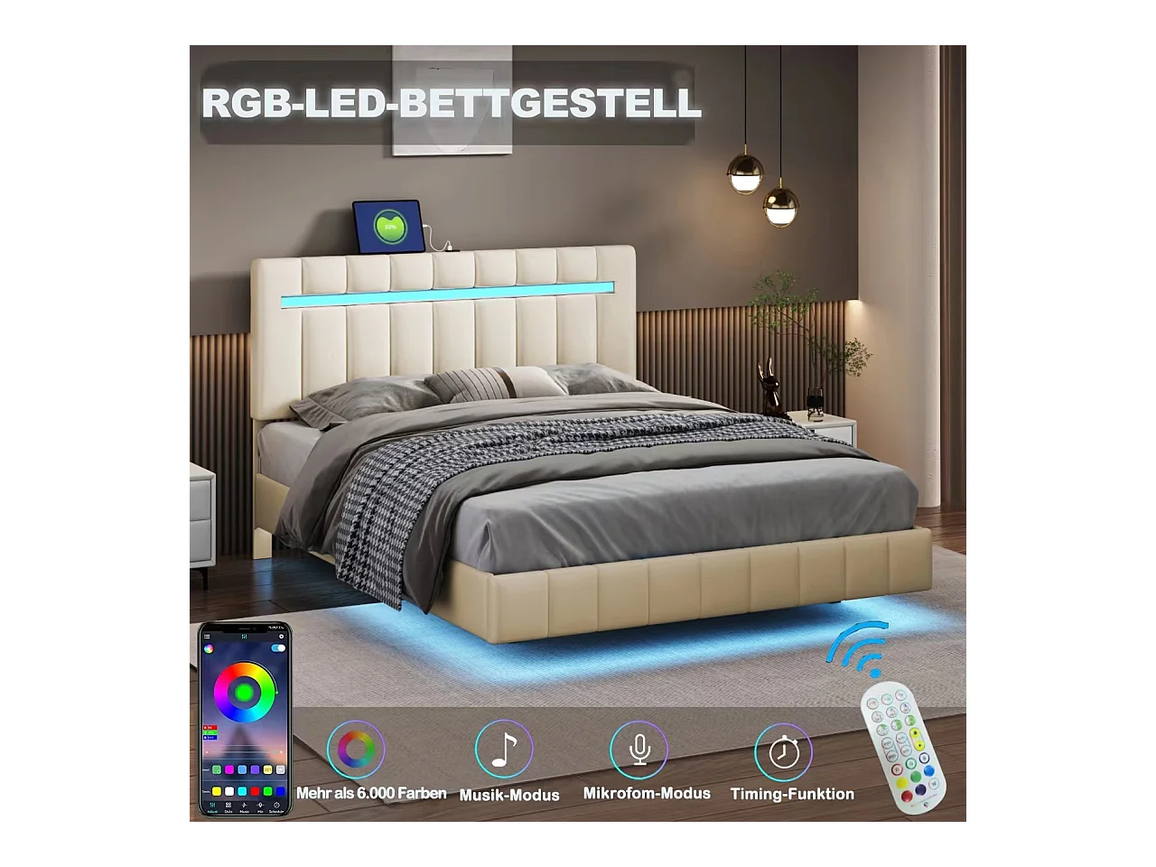 Cama doble tapizada, 140 x 200 cm, con LED y 2 puertos USB, con somier de láminas, lino, beige