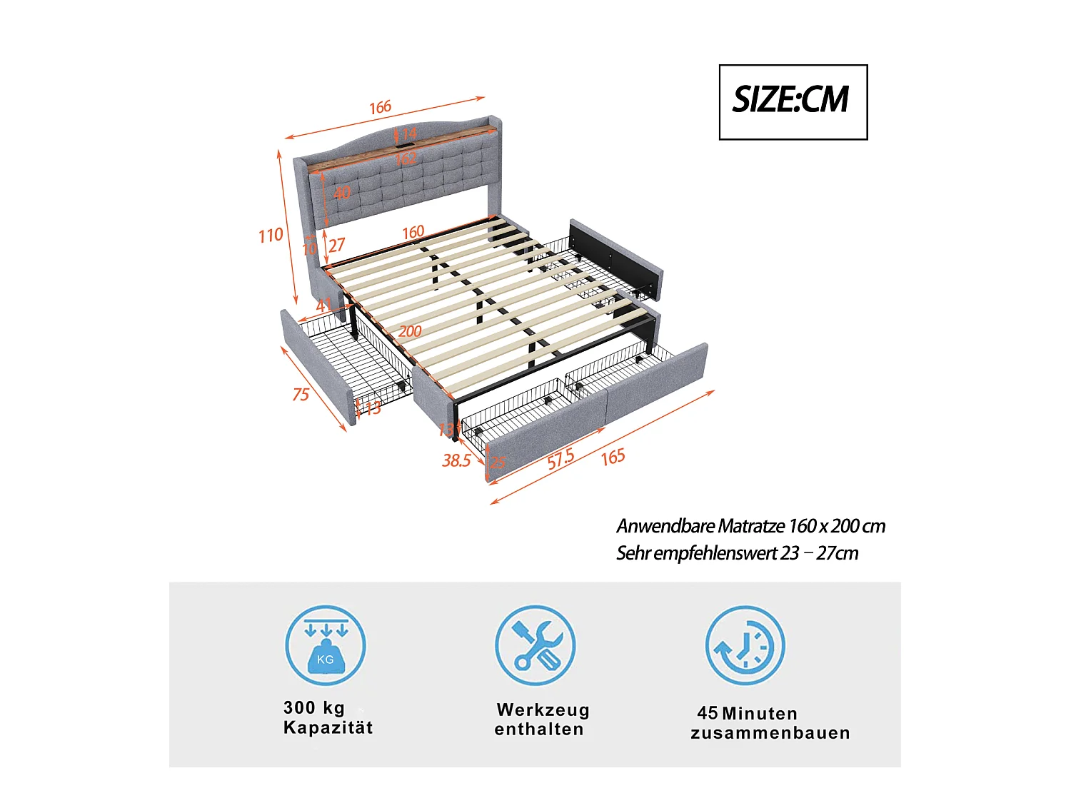 Cama 160 x 200 cm con almacenaje y toma USB - Estructura con 4 cajones y somier, Gris