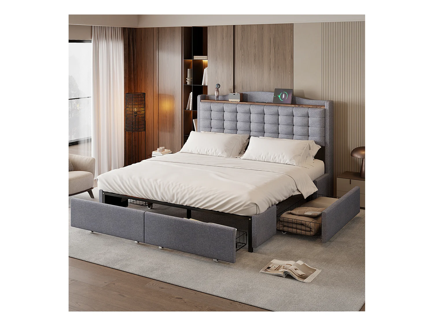 Cama 160 x 200 cm con almacenaje y toma USB - Estructura con 4 cajones y somier, Gris