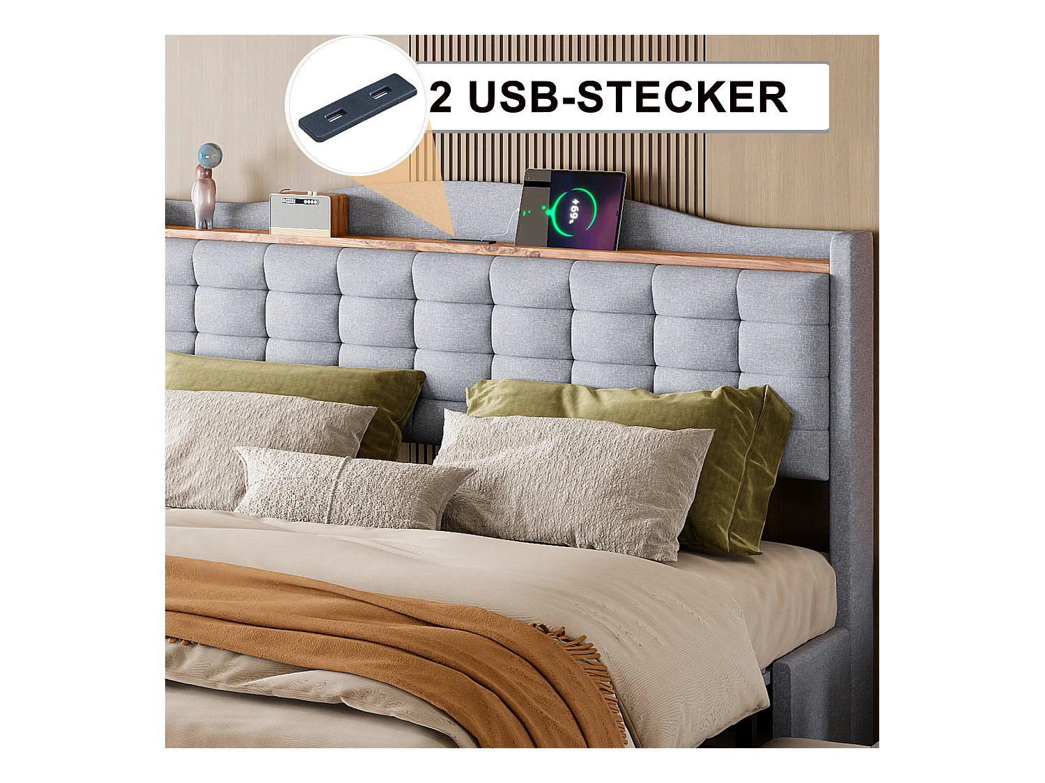 Cama 160 x 200 cm con almacenaje y toma USB - Estructura con 4 cajones y somier, Gris