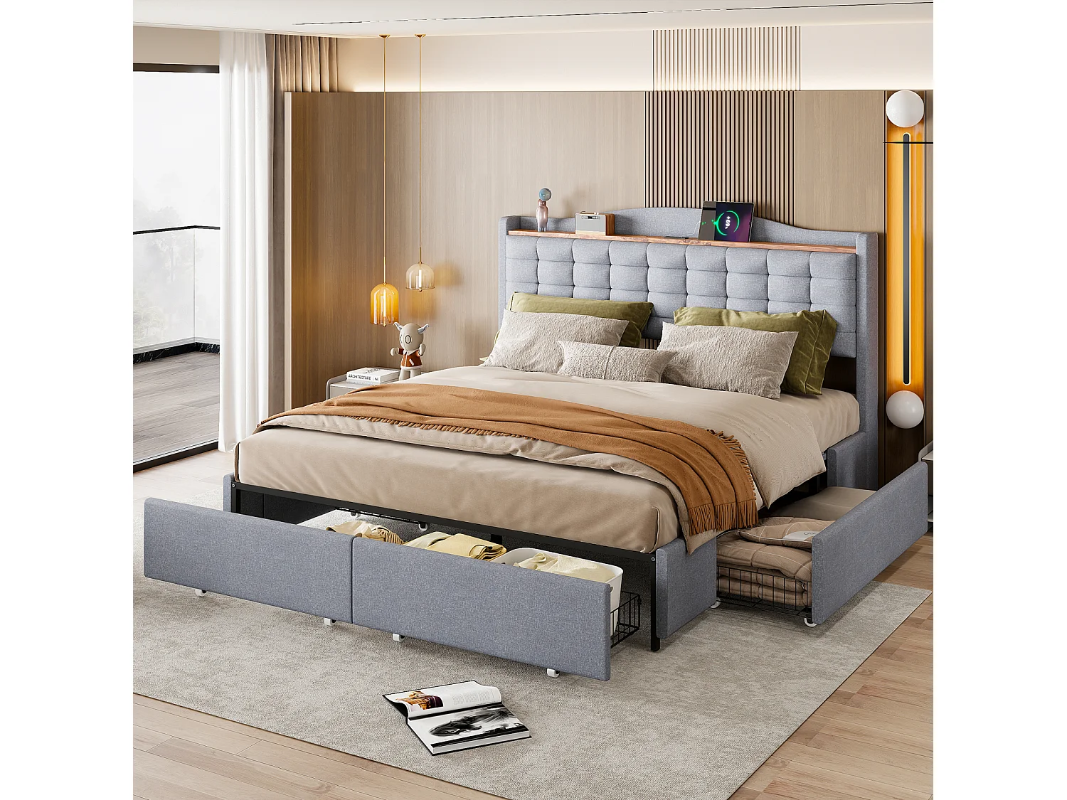 Lit 160 x 200 cm Avec Rangement et USB Prise - Cadre Avec 4 Tiroirs et Sommier à Lattes, Gris