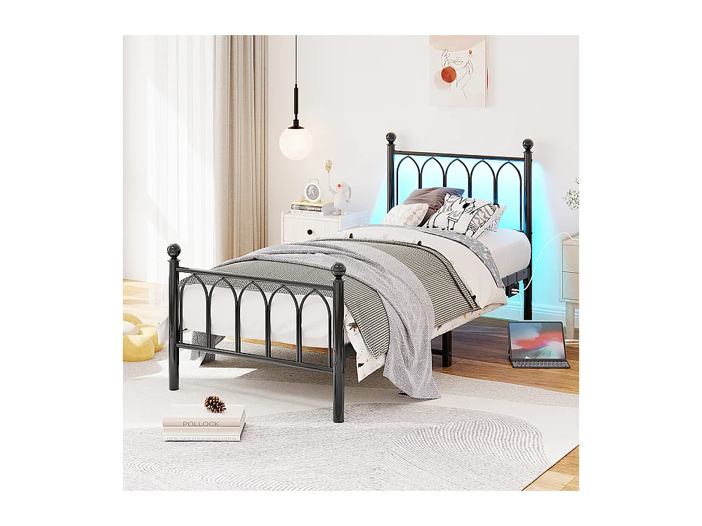 Lit adulte cadre en métal 90x200 cm avec tête et pied vintage station USB éclairage LED lattes acier rangement sous lit noir