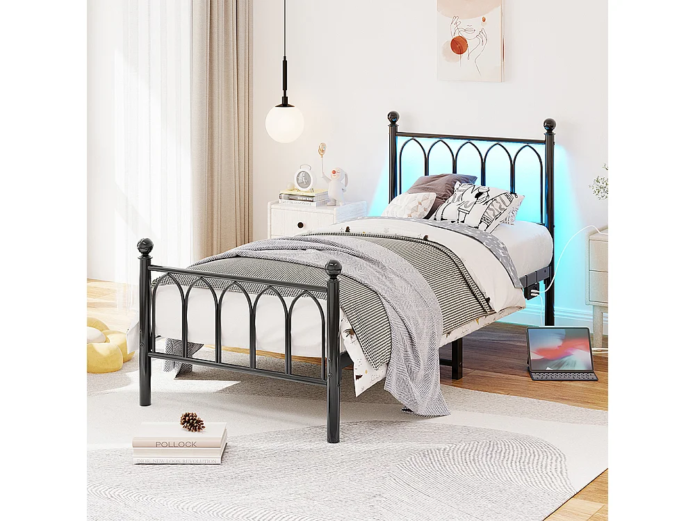 Lit adulte cadre en métal 90x200 cm avec tête et pied vintage station USB éclairage LED lattes acier rangement sous lit noir