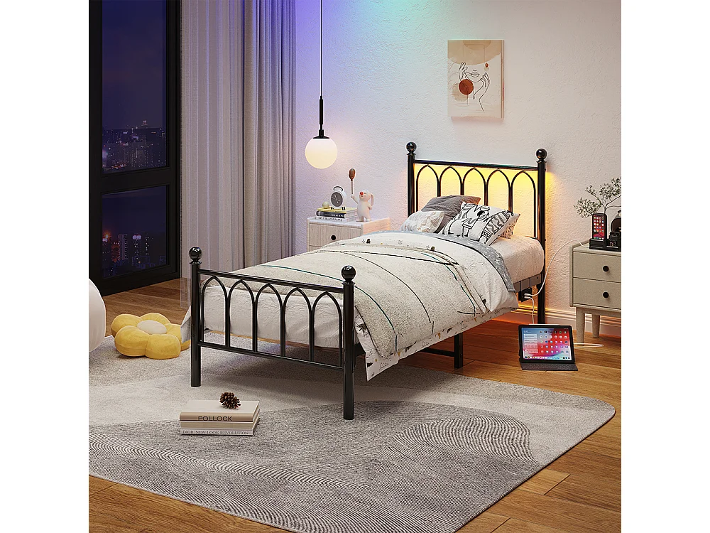 Lit adulte cadre en métal 90x200 cm avec tête et pied vintage station USB éclairage LED lattes acier rangement sous lit noir