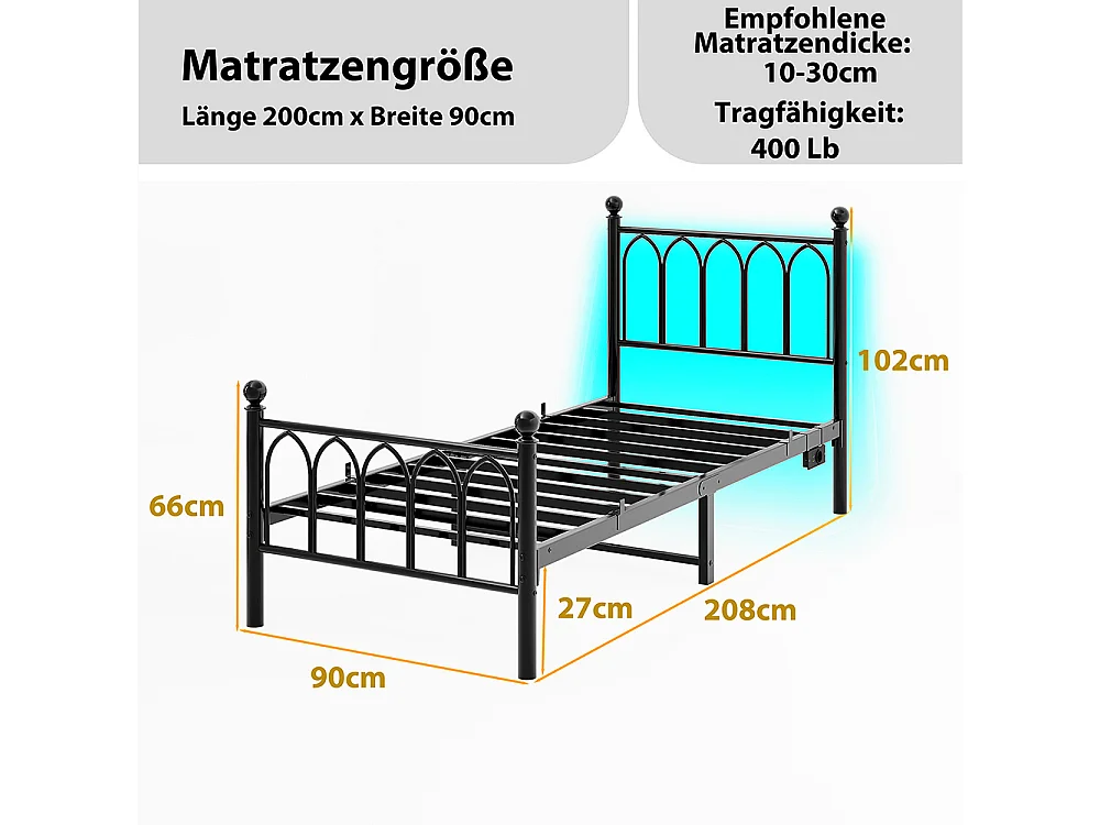 Lit adulte cadre en métal 90x200 cm avec tête et pied vintage station USB éclairage LED lattes acier rangement sous lit noir