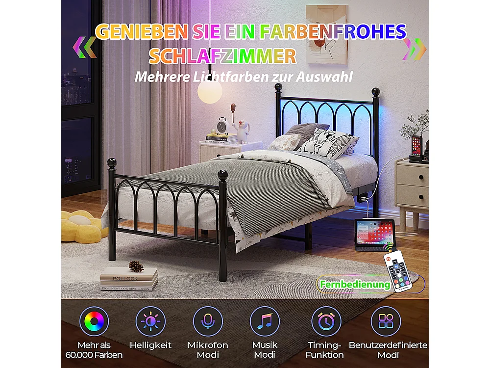 Lit adulte cadre en métal 90x200 cm avec tête et pied vintage station USB éclairage LED lattes acier rangement sous lit noir