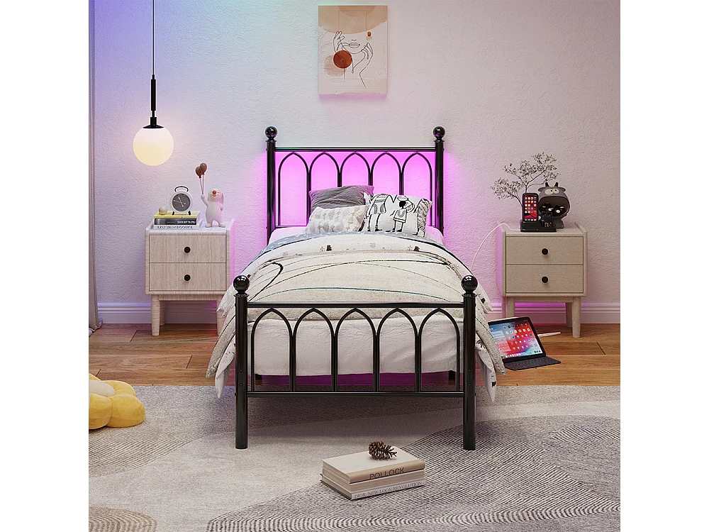 Lit adulte cadre en métal 90x200 cm avec tête et pied vintage station USB éclairage LED lattes acier rangement sous lit noir