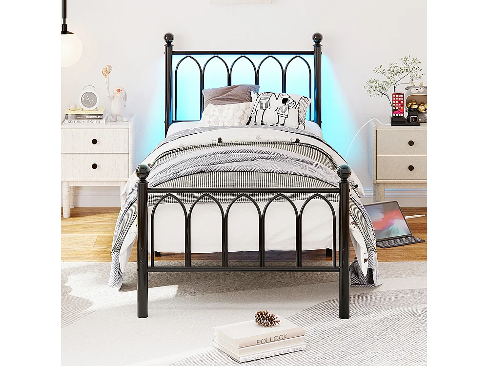 Lit adulte cadre en métal 90x200 cm avec tête et pied vintage station USB éclairage LED lattes acier rangement sous lit noir