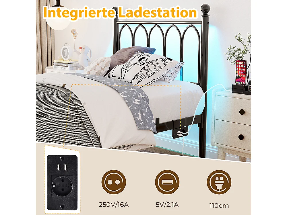 Lit adulte cadre en métal 90x200 cm avec tête et pied vintage station USB éclairage LED lattes acier rangement sous lit noir