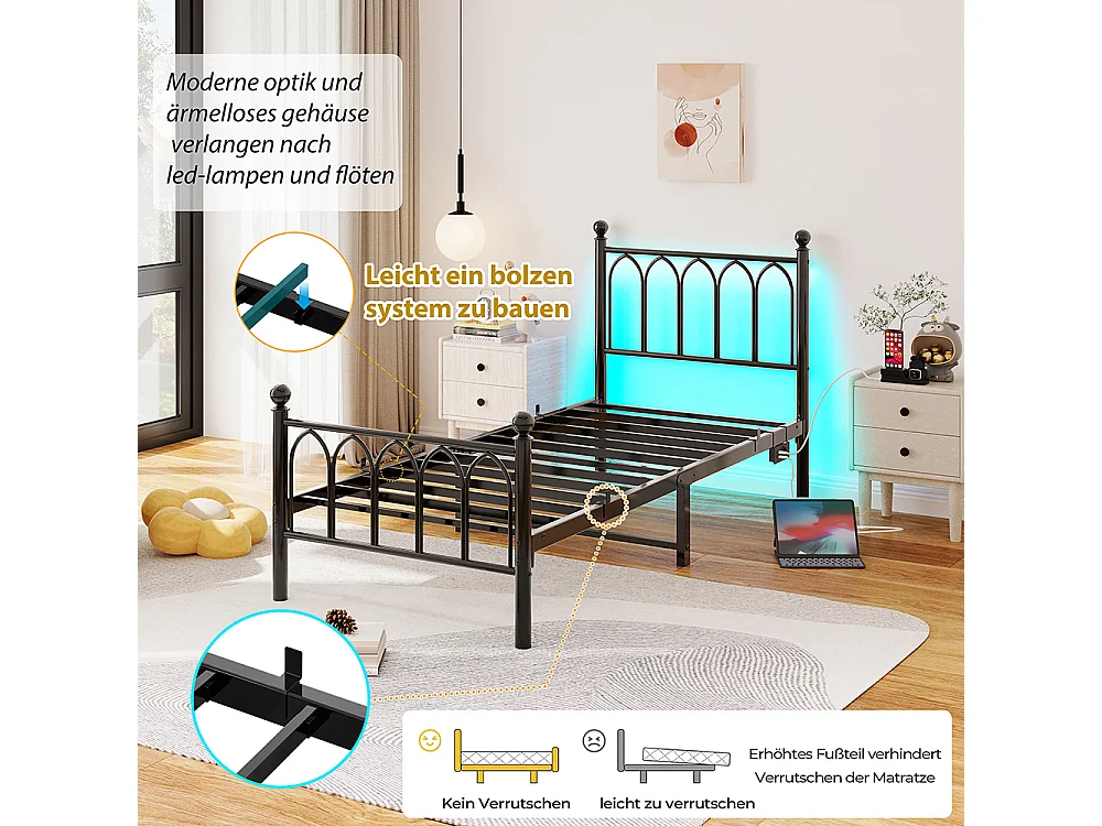 Lit adulte cadre en métal 90x200 cm avec tête et pied vintage station USB éclairage LED lattes acier rangement sous lit noir