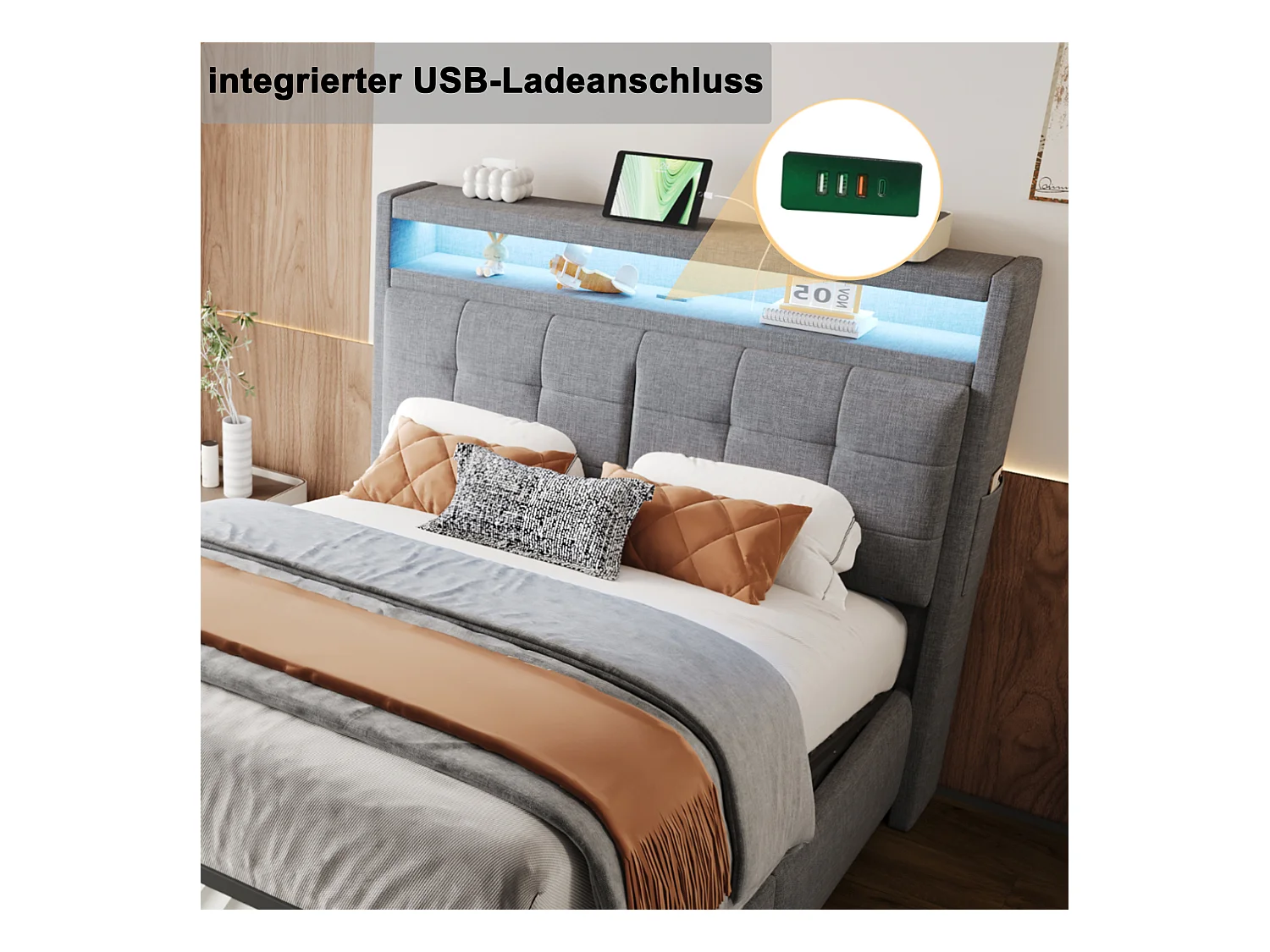 Cama com arrumação 140x200 cm, com iluminação LED e tomada USB, com espaço de arrumação, tecido de linho, cinzento