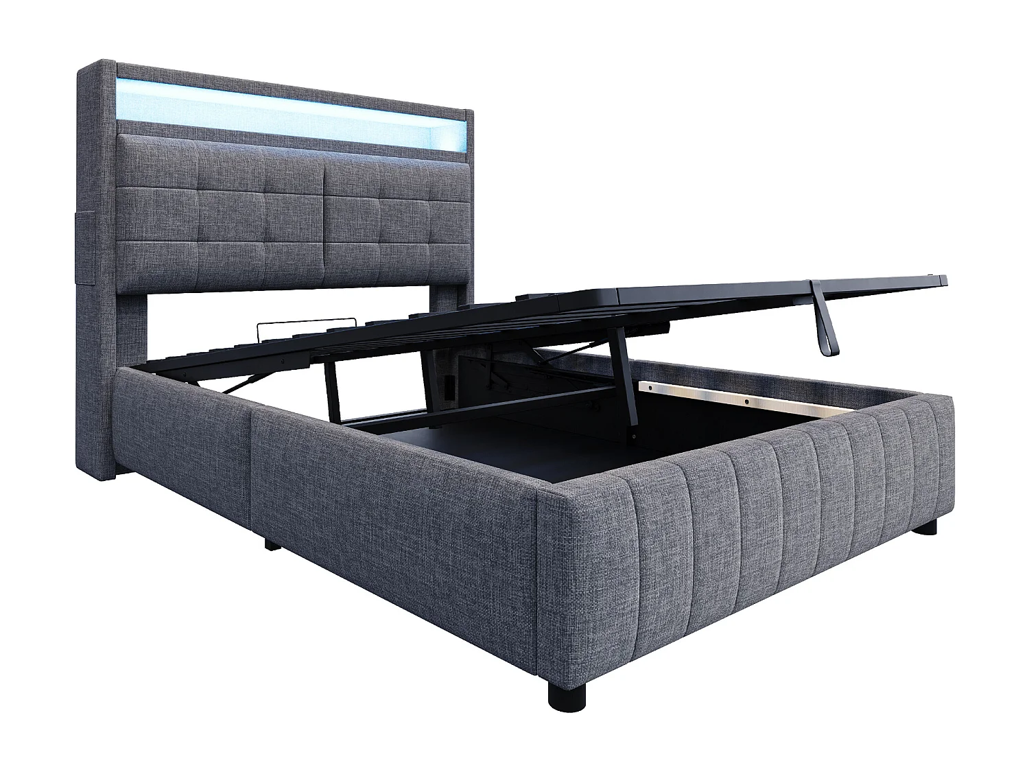 Cama com arrumação 140x200 cm, com iluminação LED e tomada USB, com espaço de arrumação, tecido de linho, cinzento