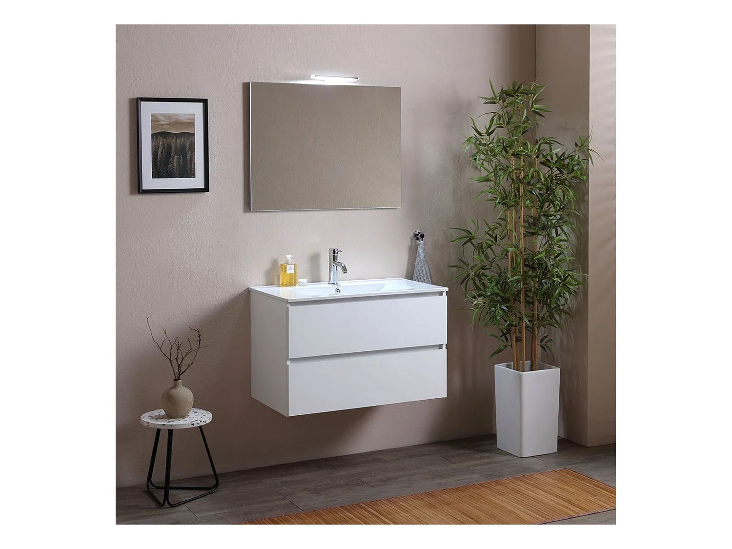 Mobile da bagno bianco "Belize80" sospeso con due cassetti e lavabo in ceramica