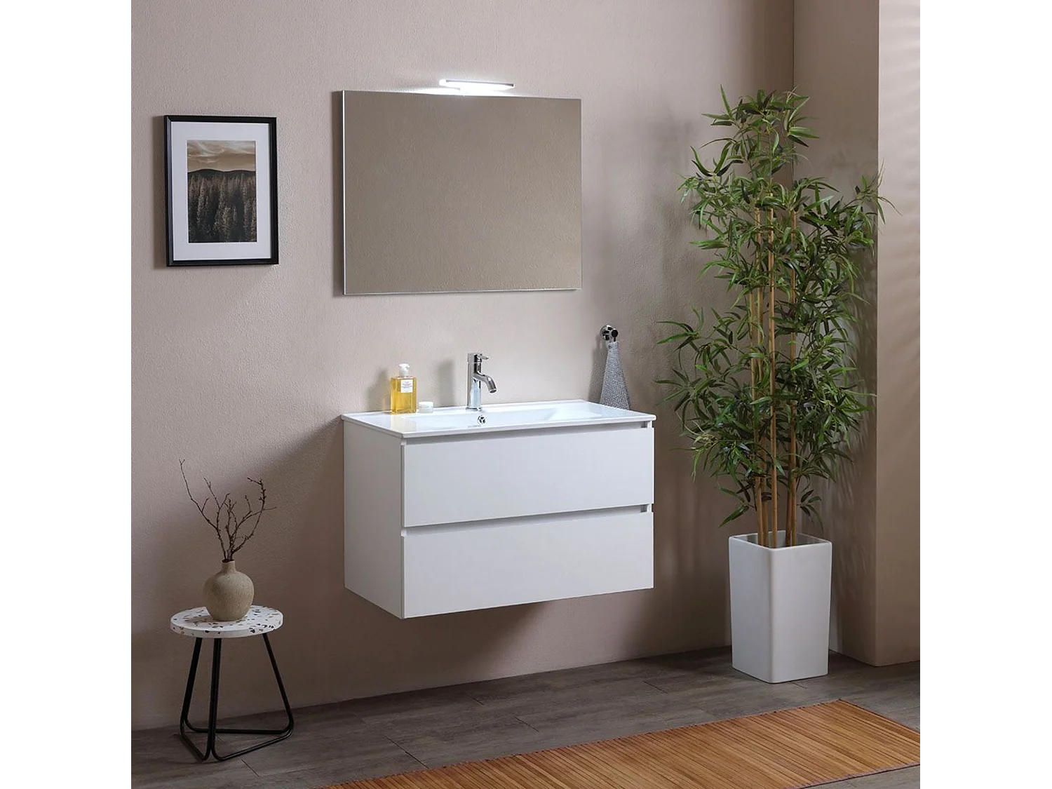 Mobile da bagno bianco "Belize80" sospeso con due cassetti e lavabo in ceramica