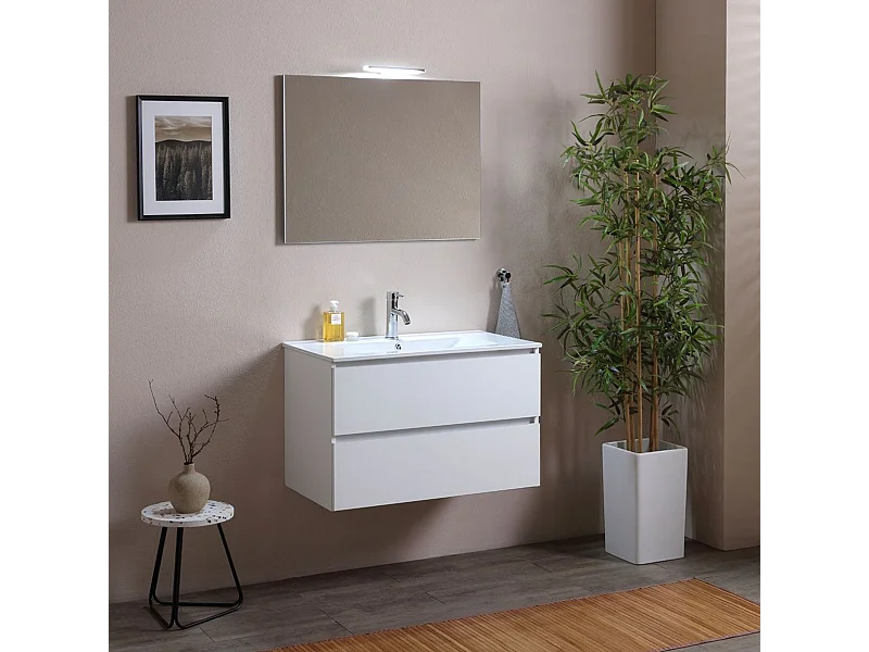Mobile da bagno bianco "Belize80" sospeso con due cassetti e lavabo in ceramica