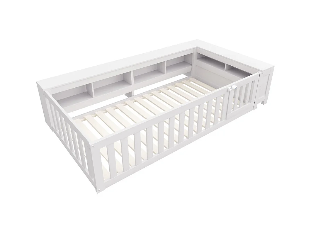 Lit enfant 90x200 avec nombreux compartiments avec barrière de sécurité et petite porte protection de sécurité sur tout le pourtour blanc