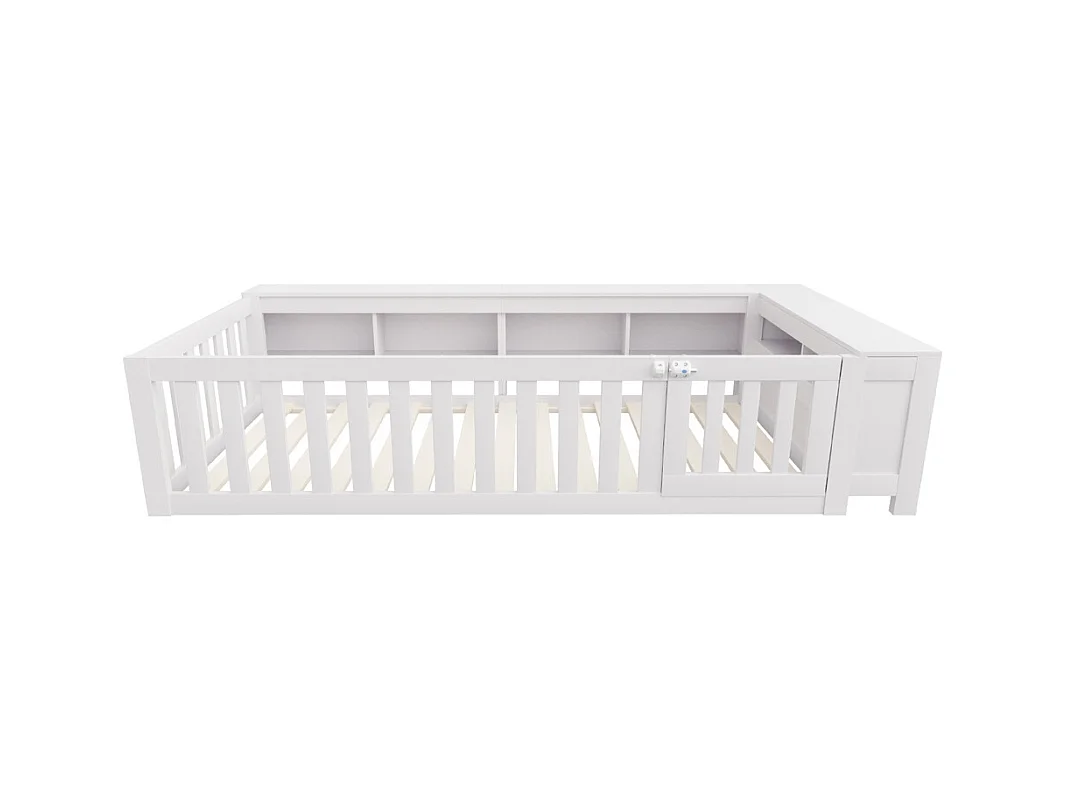 Lit enfant 90x200 avec nombreux compartiments avec barrière de sécurité et petite porte protection de sécurité sur tout le pourtour blanc