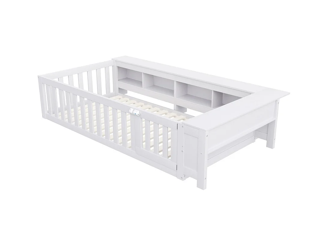 Lit enfant 90x200 avec nombreux compartiments avec barrière de sécurité et petite porte protection de sécurité sur tout le pourtour blanc