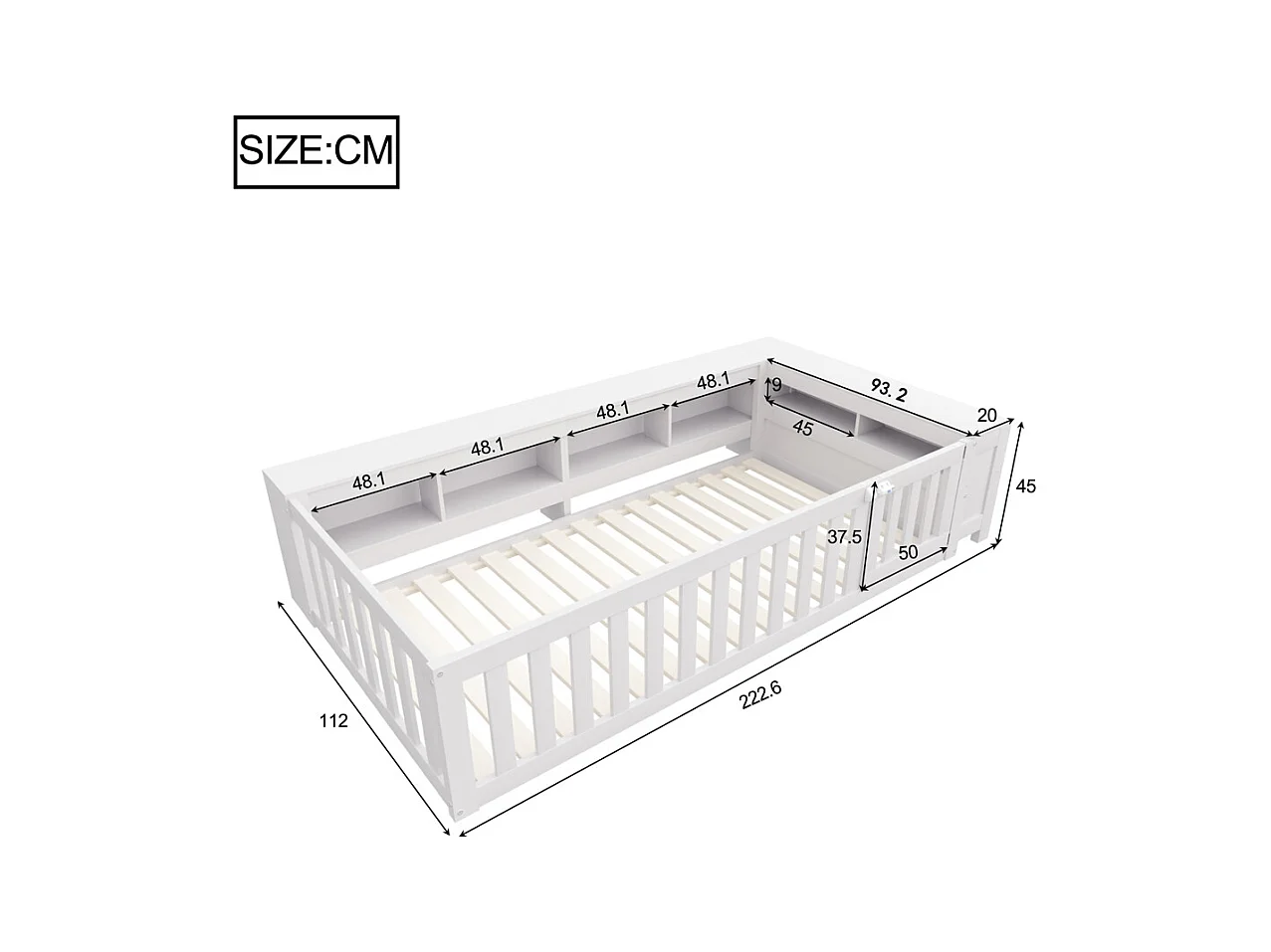 Lit enfant 90x200 avec nombreux compartiments avec barrière de sécurité et petite porte protection de sécurité sur tout le pourtour blanc