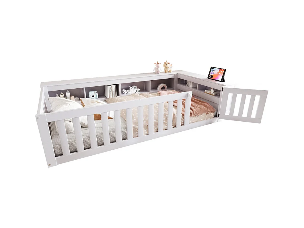 Lit enfant 90x200 avec nombreux compartiments avec barrière de sécurité et petite porte protection de sécurité sur tout le pourtour blanc