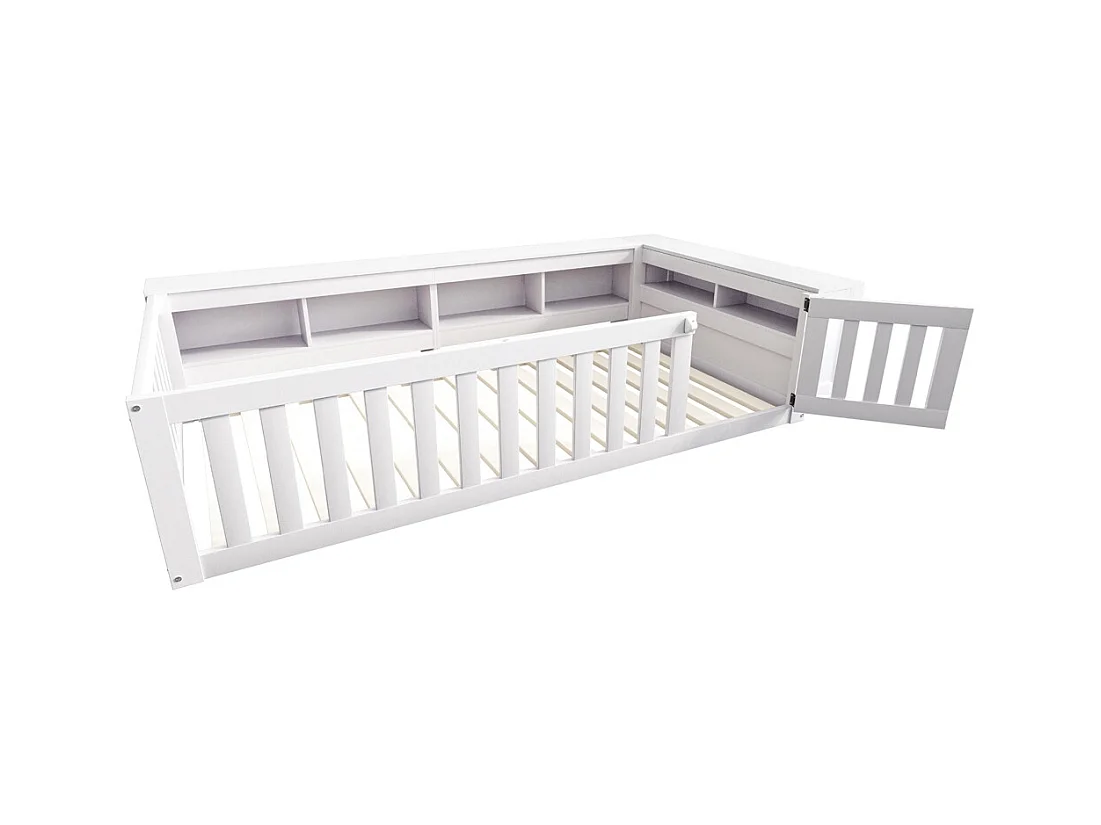 Lit enfant 90x200 avec nombreux compartiments avec barrière de sécurité et petite porte protection de sécurité sur tout le pourtour blanc