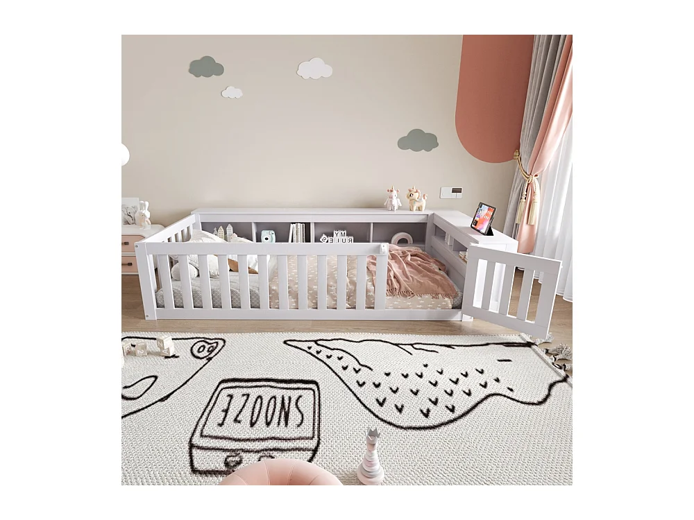 Lit enfant 90x200 avec nombreux compartiments avec barrière de sécurité et petite porte protection de sécurité sur tout le pourtour blanc