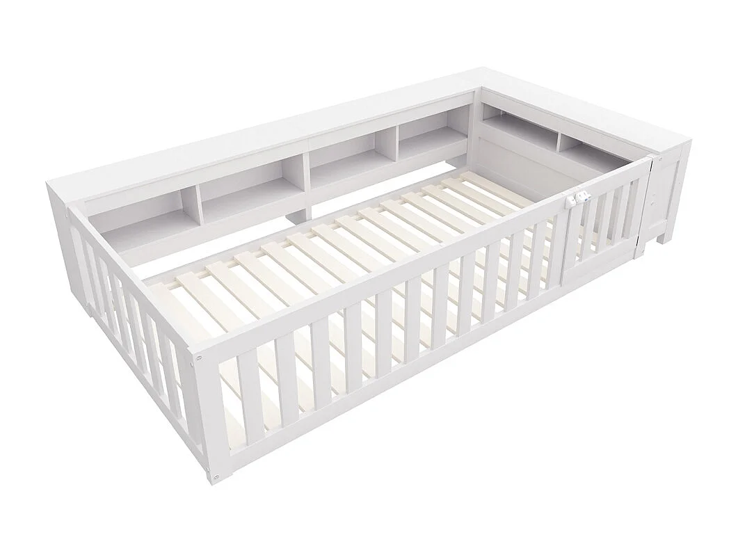 Lit enfant 90x200 avec nombreux compartiments avec barrière de sécurité et petite porte protection de sécurité sur tout le pourtour blanc