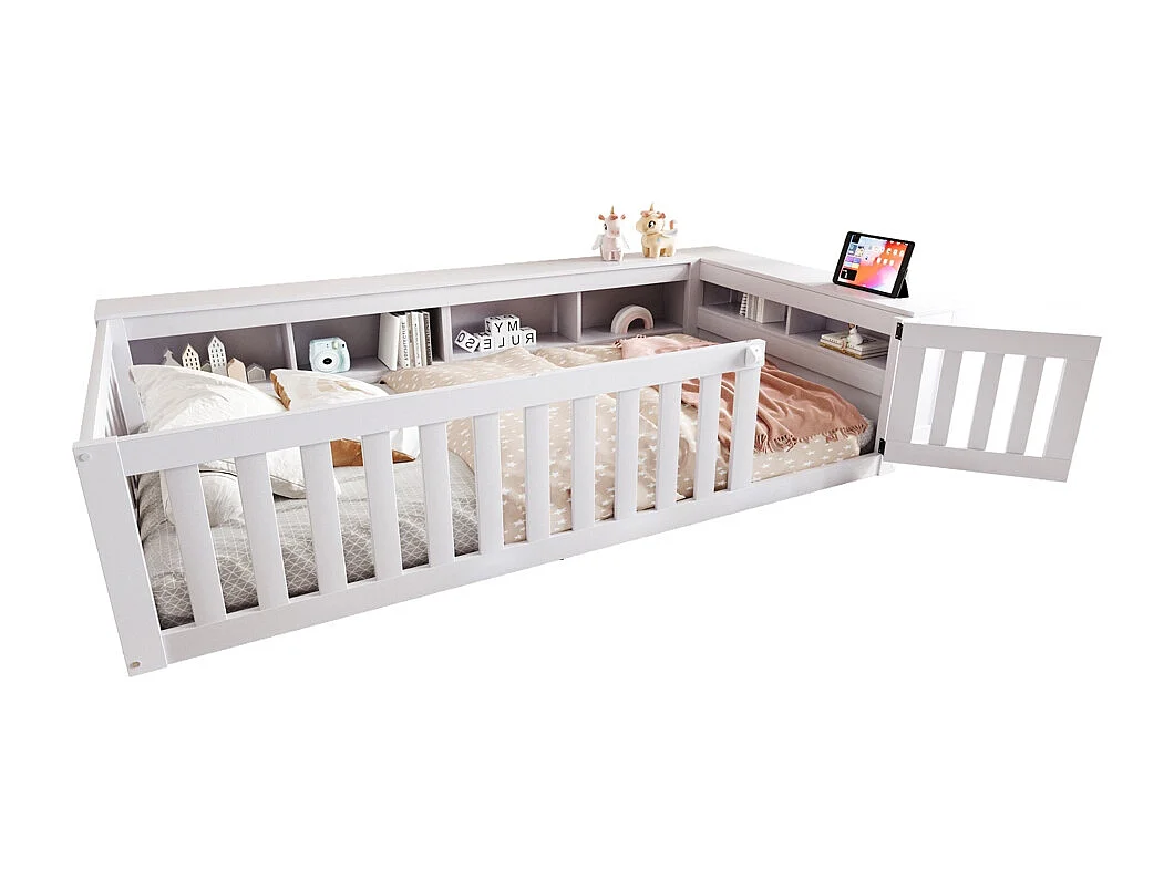 Lit enfant 90x200 avec nombreux compartiments avec barrière de sécurité et petite porte protection de sécurité sur tout le pourtour blanc