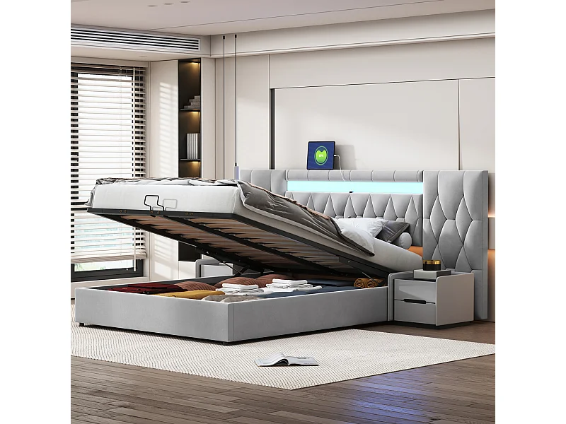Cama doble con almacenaje, somier de 160x200 cm, con LED y USB, cama para adultos, respaldo grande, gris