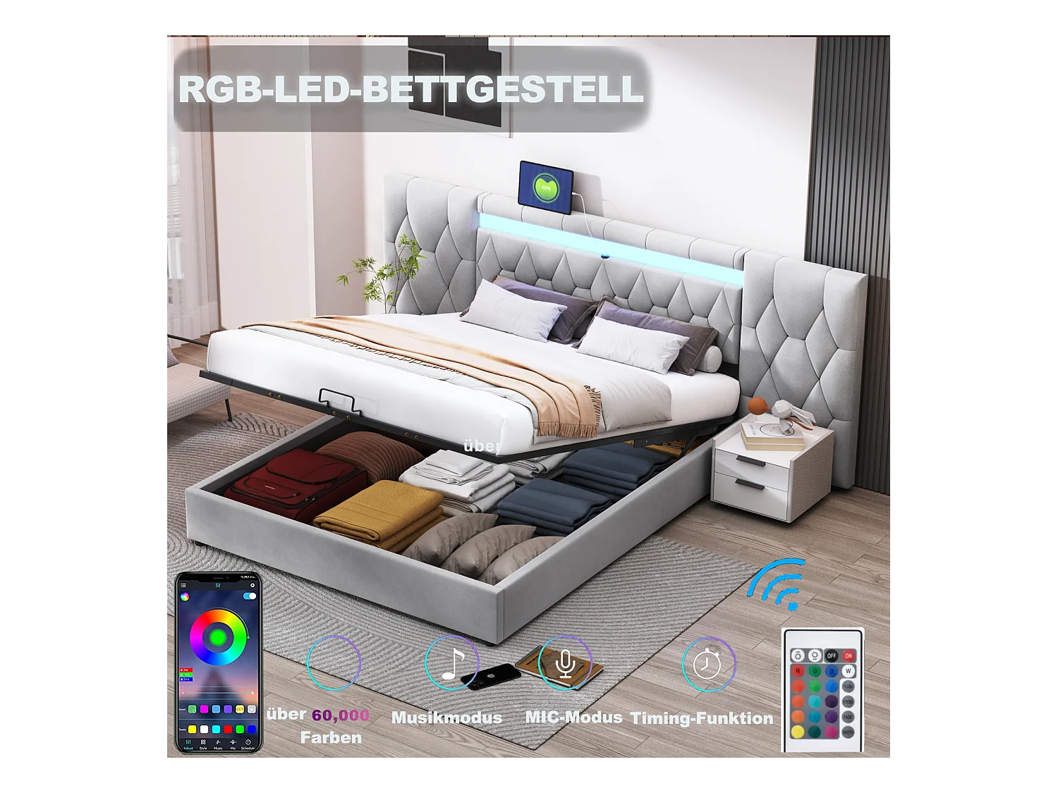 Lit Double avec Rangement, Sommier 160x200 cm Lit, avec LED et USB, Lit Adulte, Grand Dossier, Gris