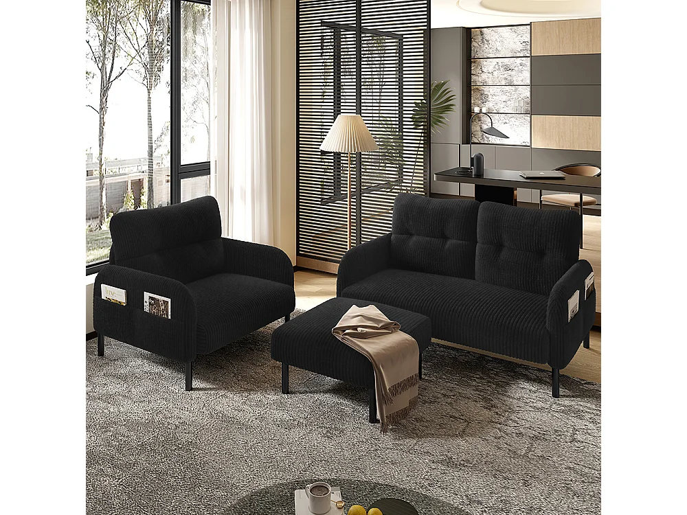Ensemble 3 pièces velours côtelé fauteuil tabouret canapé deux places poche latérale structure acier dossier moelleux modulaire salon noir