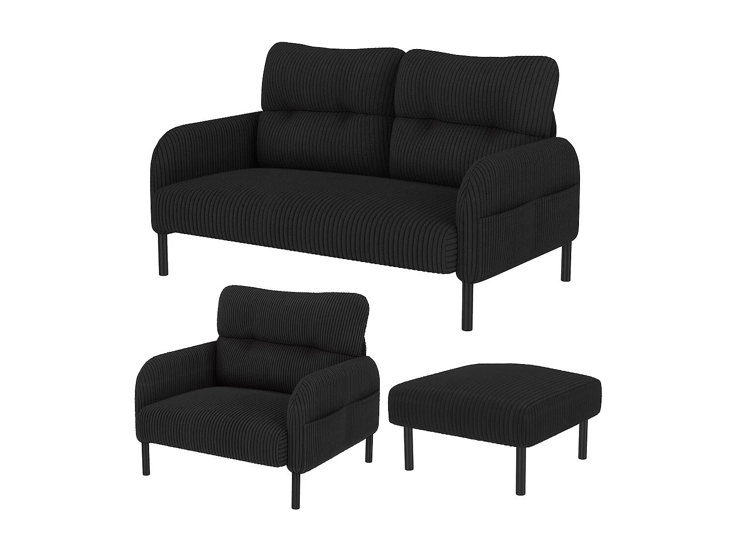 Ensemble 3 pièces velours côtelé fauteuil tabouret canapé deux places poche latérale structure acier dossier moelleux modulaire salon noir