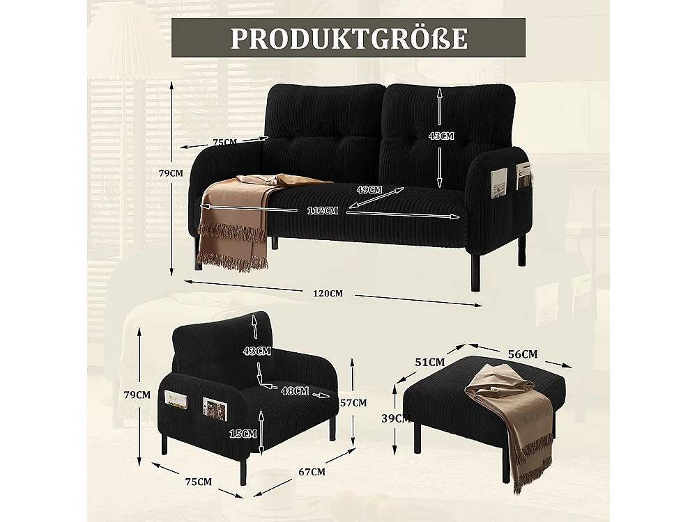 Ensemble 3 pièces velours côtelé fauteuil tabouret canapé deux places poche latérale structure acier dossier moelleux modulaire salon noir