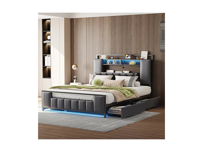 Cama doble con almacenaje LED, toma USB, cabecero 160x200cm con patas, gris
