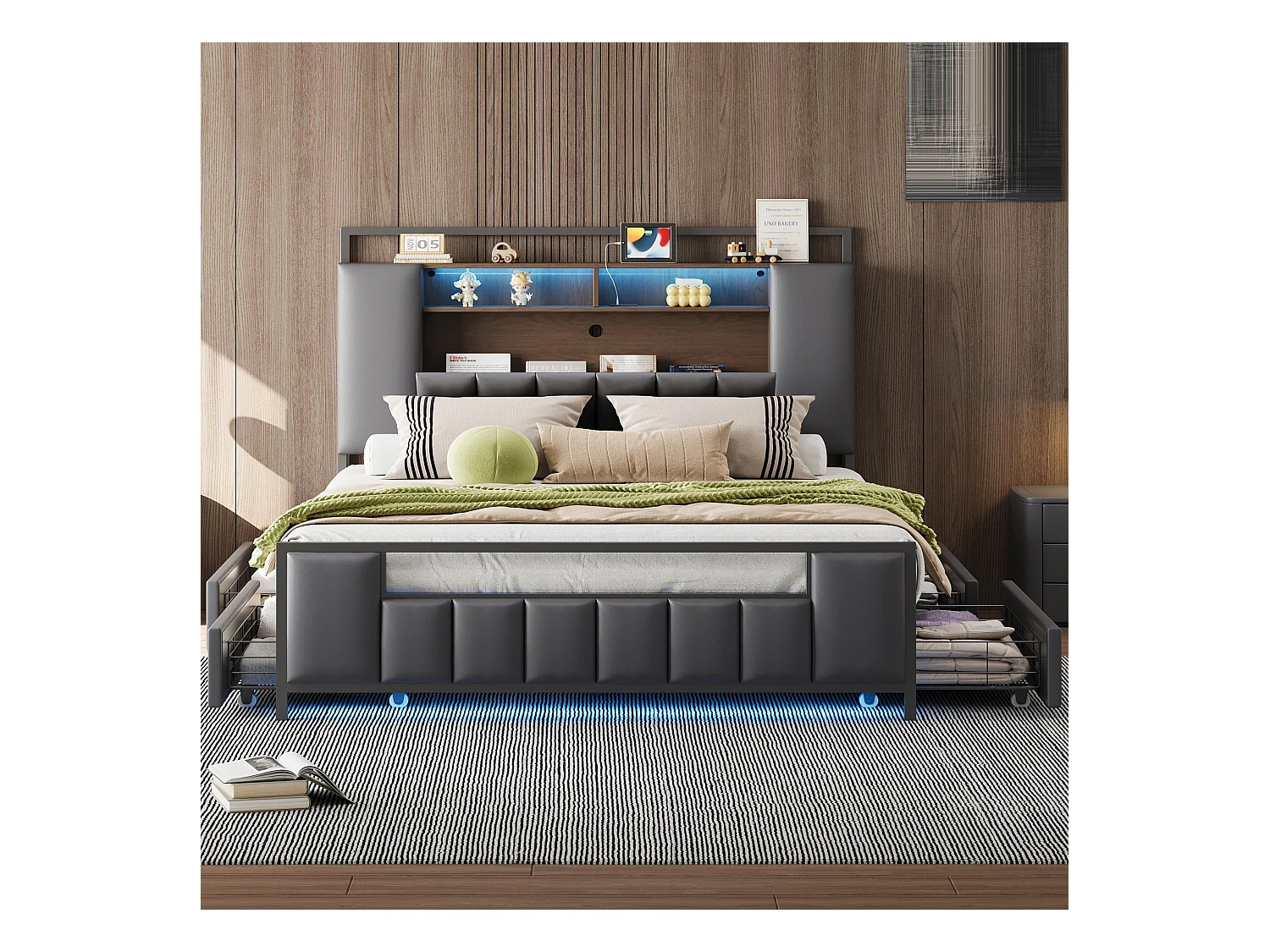 Cama doble con almacenaje LED, toma USB, cabecero 160x200cm con patas, gris