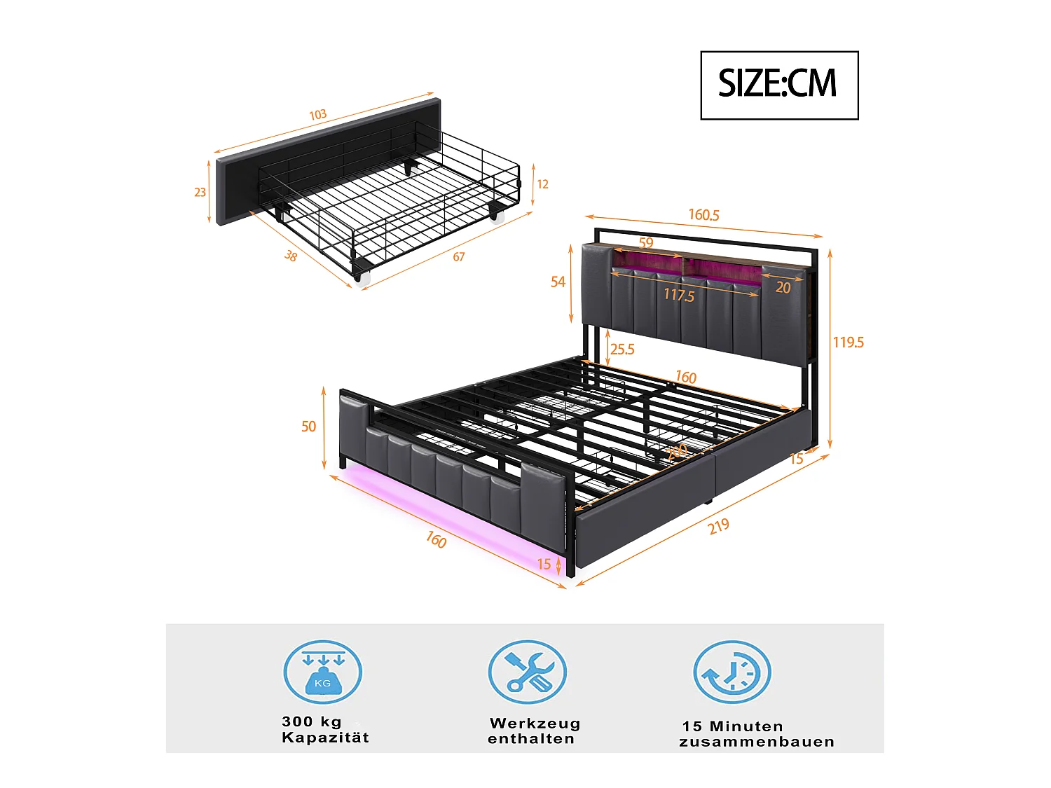 Cama doble con almacenaje LED, toma USB, cabecero 160x200cm con patas, gris
